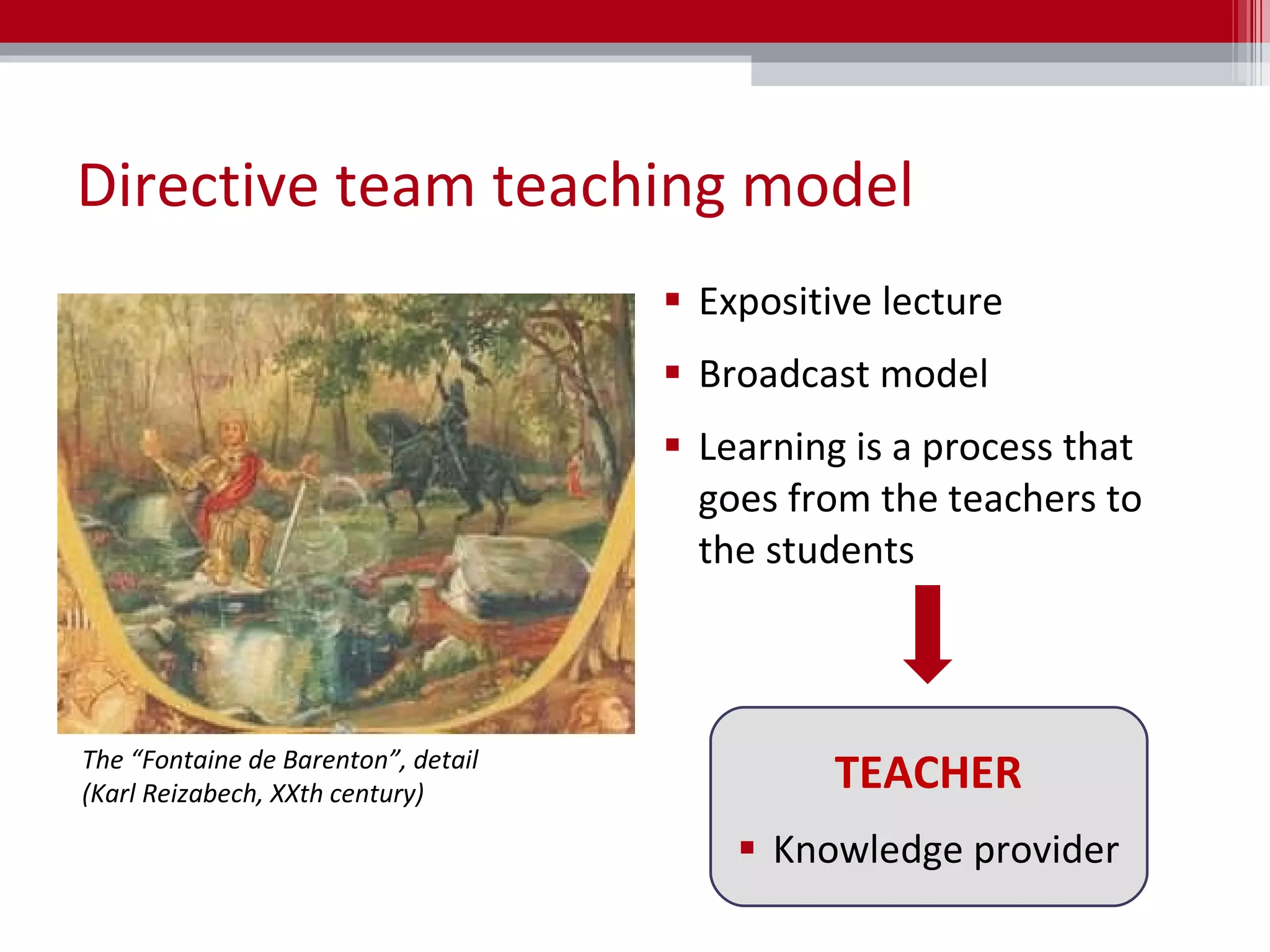 Expositive lecture Broadcast model  Learning is a process that goes from the teachers to the students TEACHER Knowledge provider Directive team teaching model The “Fontaine de Barenton”, detail (Karl Reizabech, XXth century) 