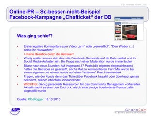 Online-PR – So-besser-nicht-Beispiel  Facebook-Kampagne „Chefticket“ der DB Was ging schief? Erste negative Kommentare zum Video: „arm“ oder „verwerflich“, "Den Werber (...) solltet ihr rauswerfen!" > Keine Reaktion durch die Betreuer! Wenig später schoss sich dann die Facebook-Gemeinde auf die Bahn selbst und ihr Social Media-Auftreten ein. Die Frage nach einer Moderation wurde immer lauter Bilanz nach neun Stunden: Auf insgesamt 37 Posts (die eigenen eingeschlossen) hatten die Betreiber es geschafft, sechs Mal zu kommentieren. Fünf Mal wurde bei einem eigenen und einmal wurde auf einen "externen" Post kommentiert Fragen, wie der Kunde denn das Ticket über Facebook bezahlt oder überhaupt genau bekommt, blieben ebenfalls unbeantwortet WICHTIG:  Genug personelle Ressourcen für das Community Management vorbereiten. Aktuell macht es eher den Eindruck, als ob eine einzige überforderte Person dafür abgestellt wurde Quelle:  PR-Blogger , 18.10.2010 