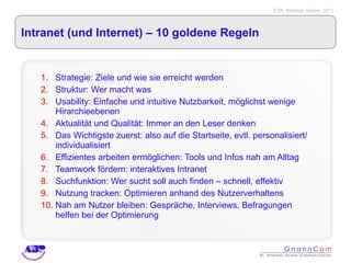 Intranet (und Internet) – 10 goldene Regeln Strategie: Ziele und wie sie erreicht werden Struktur: Wer macht was Usability: Einfache und intuitive Nutzbarkeit, möglichst wenige Hirarchieebenen Aktualität und Qualität: Immer an den Leser denken  Das Wichtigste zuerst: also auf die Startseite, evtl. personalisiert/ individualisiert Effizientes arbeiten ermöglichen: Tools und Infos nah am Alltag Teamwork fördern: interaktives Intranet Suchfunktion: Wer sucht soll auch finden – schnell, effektiv Nutzung tracken: Optimieren anhand des Nutzerverhaltens Nah am Nutzer bleiben: Gespräche, Interviews, Befragungen helfen bei der Optimierung 