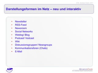Darstellungsformen im Netz – neu und interaktiv Newsletter RSS-Feed Newsroom Social Networks Weblog/ Blog Podcast/ Vodcast Wiki Diskussionsgruppen/ Newsgroups Kommunikationsforen (Chats) E-Mail 