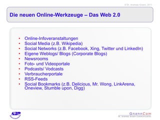 Die neuen Online-Werkzeuge – Das Web 2.0 Online-Infoveranstaltungen Social Media (z.B. Wikipedia) Social Networks (z.B. Facebook, Xing, Twitter und LinkedIn) Eigene Weblogs/ Blogs (Corporate Blogs) Newsrooms Foto- und Videoportale Podcasts/ Vodcasts Verbraucherportale RSS-Feeds Social Bookmarks (z.B. Delicious, Mr. Wong, LinkArena, Oneview, Stumble upon, Digg) 