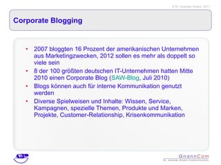 Corporate Blogging 2007 bloggten 16 Prozent der amerikanischen Unternehmen aus Marketingzwecken, 2012 sollen es mehr als doppelt so viele sein  8 der 100 größten deutschen IT-Unternehmen hatten Mitte 2010 einen Corporate Blog ( SAW-Blog , Juli 2010) Blogs können auch für interne Kommunikation genutzt werden Diverse Spielweisen und Inhalte: Wissen, Service, Kampagnen, spezielle Themen, Produkte und Marken, Projekte, Customer-Relationship, Krisenkommunikation 