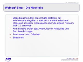 Weblog/ Blog – Die Nachteile Blogs brauchen Zeit: neue Inhalte erstellen, auf Kommentare eingehen – aber auch anderer relevanter Blogs und sonstiger Diskussionen über die eigene Firma im Web 2.0 screenen Kommentare prüfen bzgl. Wahrung von Netiquette und Rechtsverletzungen Transparenz und Offenheit Shitstorms 