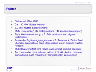 Twitter Online seit März 2006 Ca. 180 Mio. Nutzer weltweit 3,9 Mio. Nutzer in Deutschland Mehr „Newsticker“ als Dialogmedium (140 Zeichen-Meldungen) Stete Weiterentwicklung, z.B. Echtzeitstream und eigener Bilderdienst Zahlreiche Ergänzungsprogramme, z.B. Tweetdeck,  TwitterFeed: überträgt automatisch neue Blogeinträge in den eigenen Twitter-Account Multiplikatoreneffekt wird höher eingeschätzt als bei Facebook Auch wenn das Unternehmen selbst nicht aktiv twittert, kann es sinnvoll sein, nach möglichen Fremdberichten zu screenen 