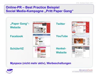 Online-PR – Best Practice Beispiel Social Media-Kampagne „Pritt Paper Gang“ „Paper Gang“- Website Facebook SchülerVZ Myspace (nicht mehr aktiv), Werbeschaltungen YouTube Twitter Henkel- Website 
