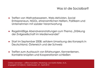 Was ist die Socialbar?


● Treffen von Weltverbesserern, Web-Aktivisten, Social
  Entrepreneurs, NGOs, ehrenamtlichen Helfern, Politikern und
  Unternehmen mit sozialer Verantwortung

● Regelmäßige Abendveranstaltungen zum Thema „Stärkung
  der Zivilgesellschaft im Medienwandel“

● Start im September 2008; seitdem Umsetzung des Konzepts in
  Deutschland, Österreich und der Schweiz

● Treffen zum Austausch von Erfahrungen, Kennenlernen,
  Kontakte knüpfen und Kooperationen schließen


Online vernetzen – offline handeln| Workshop von Katrin Kiefer, M.A.
engagiert mit k(l)ick| Gelnhausen, 21. April 2010
 