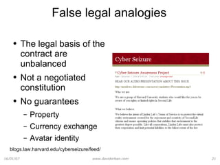 False legal analogies The legal basis of the contract are unbalanced Not a negotiated constitution No guarantees Property Currency exchange Avatar identity blogs.law.harvard.edu/cyberseizure/feed/ 