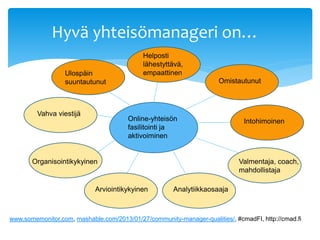 Hyvä yhteisömanageri on… 
Helposti 
lähestyttävä, 
empaattinen 
Online-yhteisön 
fasilitointi ja 
aktivoiminen 
Ulospäin 
suuntautunut 
Vahva viestijä 
Omistautunut 
Intohimoinen 
Organisointikykyinen Valmentaja, coach, 
mahdollistaja 
Arviointikykyinen 
Analytiikkaosaaja 
www.somemonitor.com, mashable.com/2013/01/27/community-manager-qualities/, #cmadFI, http://cmad.fi 
 