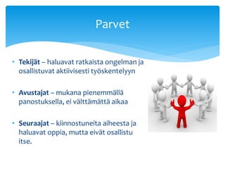 Parvet 
• Tekijät – haluavat ratkaista ongelman ja 
osallistuvat aktiivisesti työskentelyyn 
• Avustajat – mukana pienemmällä 
panostuksella, ei välttämättä aikaa 
• Seuraajat – kiinnostuneita aiheesta ja 
haluavat oppia, mutta eivät osallistu 
itse. 
 