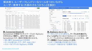 解決例 5. ユーザーフレンドリーなツールをつかいながら
ユーザー教育する（外部の力もつかうことを検討）
※G Suite Update ブログから引用
例. Connected Sheets ※：
Spreadsheet の関数やピボットテーブルを BigQuery
のクエリにして実行し、描写や使い勝手は
Spreadsheet だが、最新の情報を取り出せる。
＝使い勝手 Spreadsheet そのまま
＝ローカル取り出しでデータが stale しない
＝スケーラビリティは BigQuery が担保
例. BigQuery コンソール :
データセットが UI から探せる。テーブルの中身をプレ
ビューしながらクエリをかけるのはイメージが湧きやす
い。テーブルのカラムに説明を加えることもできる。 メタ
データ管理の Data Catalog とも連動。
＝スキーマ設計書と行き来しなくてよい
＝こんなデータあるかな？を検索できる
 