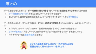 まとめ
データ基盤を考える際には、データ要件に対応できるイテレーションを回せるような体制づくりが重要
● データ整備にフォーカスできるようなリソースのかけ方を目指す
● 新しいスキル習得が必要な場合もある、ギャップを小さくするツールからまず慣れる
データ活用がエンタープライズで進むと、アドホックなクエリが増える（あるいは BI ツールを通したアドホッ
ク）
● インデックスチューニングは諦めて、並列分散処理するような DWH で力技を検討
● クエリの並列性に対応しやすい、動的なクエリプランで実行できる DWH を考慮に入れる
● マルチテナントだと規模の経済が生きる！
ビジネス成果を出すことにフォーカスできるような
基盤を考えて段々と作っていきましょう！
 