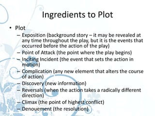 Ingredients to Plot
• Plot
  – Exposition (background story – it may be revealed at
    any time throughout the play, but it is the events that
    occurred before the action of the play)
  – Point of Attack (the point where the play begins)
  – Inciting Incident (the event that sets the action in
    motion)
  – Complication (any new element that alters the course
    of action)
  – Discovery (new information)
  – Reversals (when the action takes a radically different
    direction)
  – Climax (the point of highest conflict)
  – Denouement (the resolution)
 