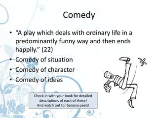 Comedy
• “A play which deals with ordinary life in a
  predominantly funny way and then ends
  happily.” (22)
• Comedy of situation
• Comedy of character
• Comedy of ideas

         Check in with your book for detailed
            descriptions of each of these!
          And watch out for banana peels!
 