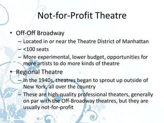 Not-for-Profit Theatre
• Off-Off Broadway
  – Located in or near the Theatre District of Manhattan
  – <100 seats
  – More experimental, lower budget, opportunities for
    more artists to do more kinds of theatre
• Regional Theatre
  – In the 1940s, theatres began to sprout up outside of
    New York, all over the country
  – These are high-quality professional theaters, generally
    on par with the Off-Broadway theatres, but they are
    usually not-for-profit
 
