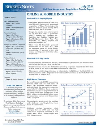 July 2011
                                                                Half Year Mergers and Acquisitions Trends Report

                                        ONLINE & MOBILE INDUSTRY
IN THIS ISSUE
                                        First Half 2011 Key Highlights
M&A Market Overview
                                         •	 The	largest	transaction	in	1st	Half	2011	
  Figure 1. M&A Market                      was	Microsoft	Corporation’s		announced	
  Dynamics                                  acquisition	 of	 Skype	 Technologies	 SA,	
  Figure 2. Median Enterprise               from	 an	 investor	 group	 lead	 by	 Silver	
  Value Multiples                           Lake	Partners,	for	$9.08	billion.
                                         •	 Google,	Inc.	was	the	most	active	acquirer	
Transaction Analysis                        in	 1st	 Half	 2011,	 with	 11	 purchases:	
   Figure 3. Bell Curve                     SageTV,	 AdMeld	 Inc.,	 PostRank	 Inc.,	
   Histogram- First Half 2011               Sparkbuy	 Inc.,	 TalkBin,	 PushLife	 Inc.,	
   Figure 4. Distribution Table-            BeatThatQuote.com	 Ltd.,	 Next	 New	
   First Half 2011                          Networks,	 Inc.,	 FFlick,	 SayNow	 and	
                                            eBook	Technologies	Inc.
Strategic vs. Financial Comparison       •	 There	 were	 82	 financially	 sponsored	
    Figure 5. M&A Dynamics By               transactions	 in	 1st	 Half	 2011,	 with	
    Transaction Type- First Half            an	 aggregate	 value	 of	 $3.58	 billion,	
    2011                                    representing	 11	 percent	 of	 the	 total	
    Figure 6. Transaction Type by           volume	and	11	percent	of	the	total	value,	     Figure 1. 2009 - 2011 value and volume comparison by half.

    Half Year                               respectively.


Purchaser Analysis                 First Half 2011 Key Trends
   Figure 7. Top Ten Notable
   Transactions First Half 2011     •	 Total	transaction	volume	in	1st	Half	2011	increased	by	23	percent	over	2nd	Half	2010	from	
   Figure 8. Median Enterprise         643	in	2nd	Half	2010	to	788	in	1st	Half	2011.	
   Value/Revenue Multiples By Size
                                         •	 Total	transaction	value	in	1st	Half	2011	increased	by	52	percent	over	2nd	Half	2010	from	
                                            $28.46	billion	in	2nd	Half	2010	to	$43.31	billion	in	1st	Half	2011.	
Transaction Volume By Segment
   Figure 9. Transactions By             •	 The	segment	with	the	largest	increase	in	volume	in	1st	Half	2011	over	2nd	Half	2010	was	
                                            Communications	with	a	44	percent	increase	from	39	transactions	in	2nd	Half	2010	to	56	
   Market Segment
                                            transactions	in	1st	Half	2011.	
Footnotes
   Figure 10. Market Segments           M&A Market Overview
                                        Berkery	Noyes	tracked	2750	transactions	
                                        between	 2009	 and	 1st	 Half	 2011,	 of	
     BERKERY NOYES                      which	 797	 disclosed	 financial	 terms,	
      is the leading independent        and	 calculated	 the	 aggregate	 transaction	
investment bank providing M&A           value	to	be	$84.8	billion.	Based	on	known	
                                        transaction	values,	we	project	the	value	of	
    transaction services, strategic
                                        the	 1953	 undisclosed	 transactions	 to	 be	
 research and industry intelligence     $28.2	billion,	totalling	$113	billion	worth	
 to the technology and information      of	transactions	tracked	over	the	past	two	
               industries.              and	a	half	years.

To receive our White Paper reports,     The	most	active	acquirer	over	the	past	two	
   Trend Analyses, Weekly Deal          and	 a	 half	 years	 was	 Google,	 Inc.,	 which	
Reports, or to arrange a confidential   made	39	transactions.
discussion with a senior investment
                                        Disclosed	 median	 enterprise	 value	
        banker, contact us at:          multiples	 between	 2009	 and	 1st	 Half	
         212.668.3022 or                2011	 for	 all	 segments	 combined	 in	 this	
    www.berkerynoyes.com                report	 	 were	 	 11.44	 	 times	 EBITDA	 and	     Figure 2. 2009 - 2011 median: Value, Revenue, EBITDA comparison.
                                        1.80	times	revenue.	


  One Liberty Plaza, 13th Floor
     New York, NY 10006                                                                                                       Presented by Berkery Noyes
                                                                                                                                                              1
 