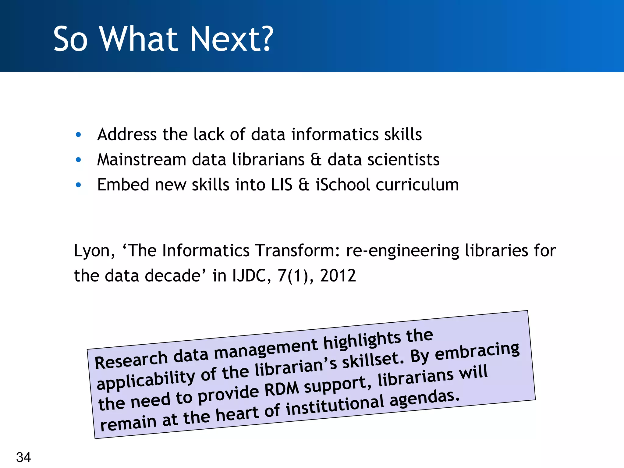 So What Next?

      • Address the lack of data informatics skills
      • Mainstream data librarians & data scientists
      • Embed new skills into LIS & iSchool curriculum


      Lyon, ‘The Informatics Transform: re-engineering libraries for
      the data decade’ in IJDC, 7(1), 2012


                                                 hts the
                            an ag ement highlig               bracing
        Re search data m                n’s skillset. By em
             licability of the libraria       t, librarians
                                                              will
        ap p                           u ppo r
                        p rovide RDM s                  d as .
        the need to              of institutional agen
         remain   at the heart

34
 