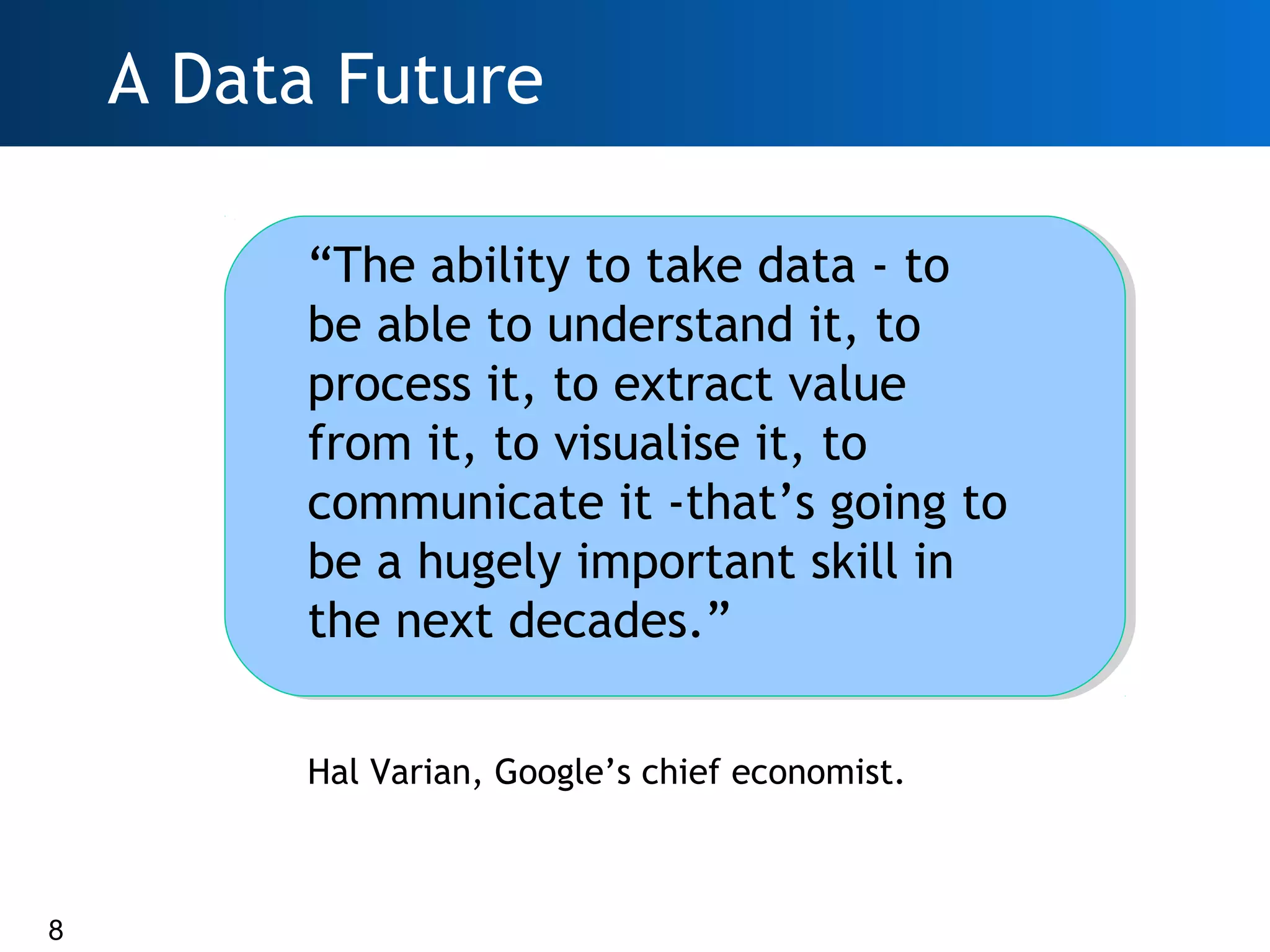 A Data Future

         “The ability to take data - to
         be able to understand it, to
         process it, to extract value
         from it, to visualise it, to
         communicate it -that’s going to
         be a hugely important skill in
         the next decades.”

         Hal Varian, Google’s chief economist.



8
        Hal Varian, Chief Economist, Google
 