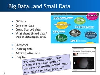 Big Data…and Small Data

     •   DIY data
     •   Consumer data
     •   Crowd Sourced data
     •   What about Linked d...