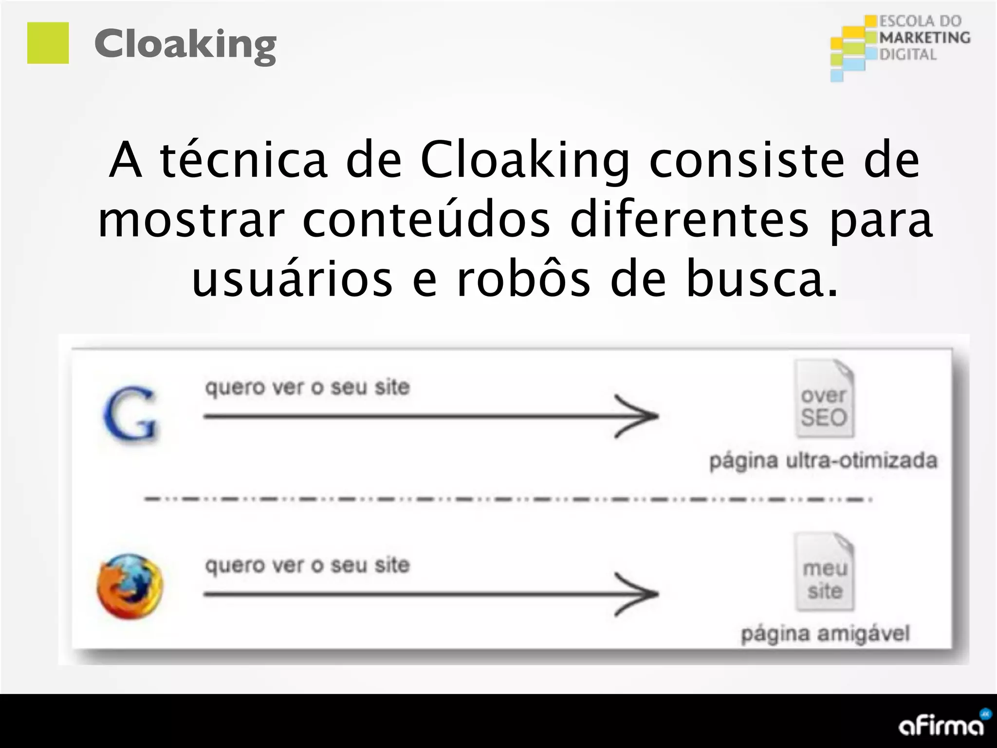 Cloaking

A técnica de Cloaking consiste de
mostrar conteúdos diferentes para
   usuários e robôs de busca.
 