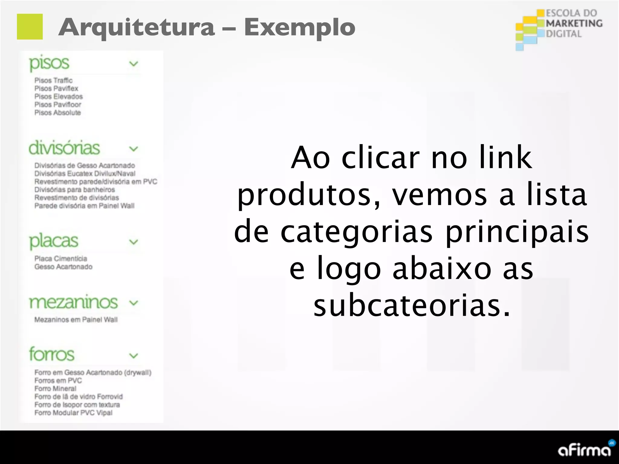 Arquitetura – Exemplo




                Ao clicar no link
            produtos, vemos a lista
            de categorias principais
                e logo abaixo as
                  subcateorias.
 