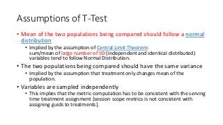 Assumptions of T-Test
• Mean of the two populations being compared should follow a normal
distribution
• Implied by the assumption of Central Limit Theorem:
sum/mean of large number of IID (independent and identical distributed)
variables tend to follow Normal Distribution.
• The two populations being compared should have the same variance
• Implied by the assumption that treatment only changes mean of the
population.
• Variables are sampled independently
• This implies that the metric computation has to be consistent with the serving
time treatment assignment [session scope metrics is not consistent with
assigning guids to treatments].
 