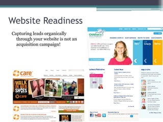 Website Readiness
Capturing leads organically
  through your website is not an
  acquisition campaign!
 