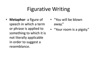 Figurative Writing
• Metaphor- a figure of
speech in which a term
or phrase is applied to
something to which it is
not literally applicable
in order to suggest a
resemblance.

• “You will be blown
away.”
• “Your room is a pigsty.”

 