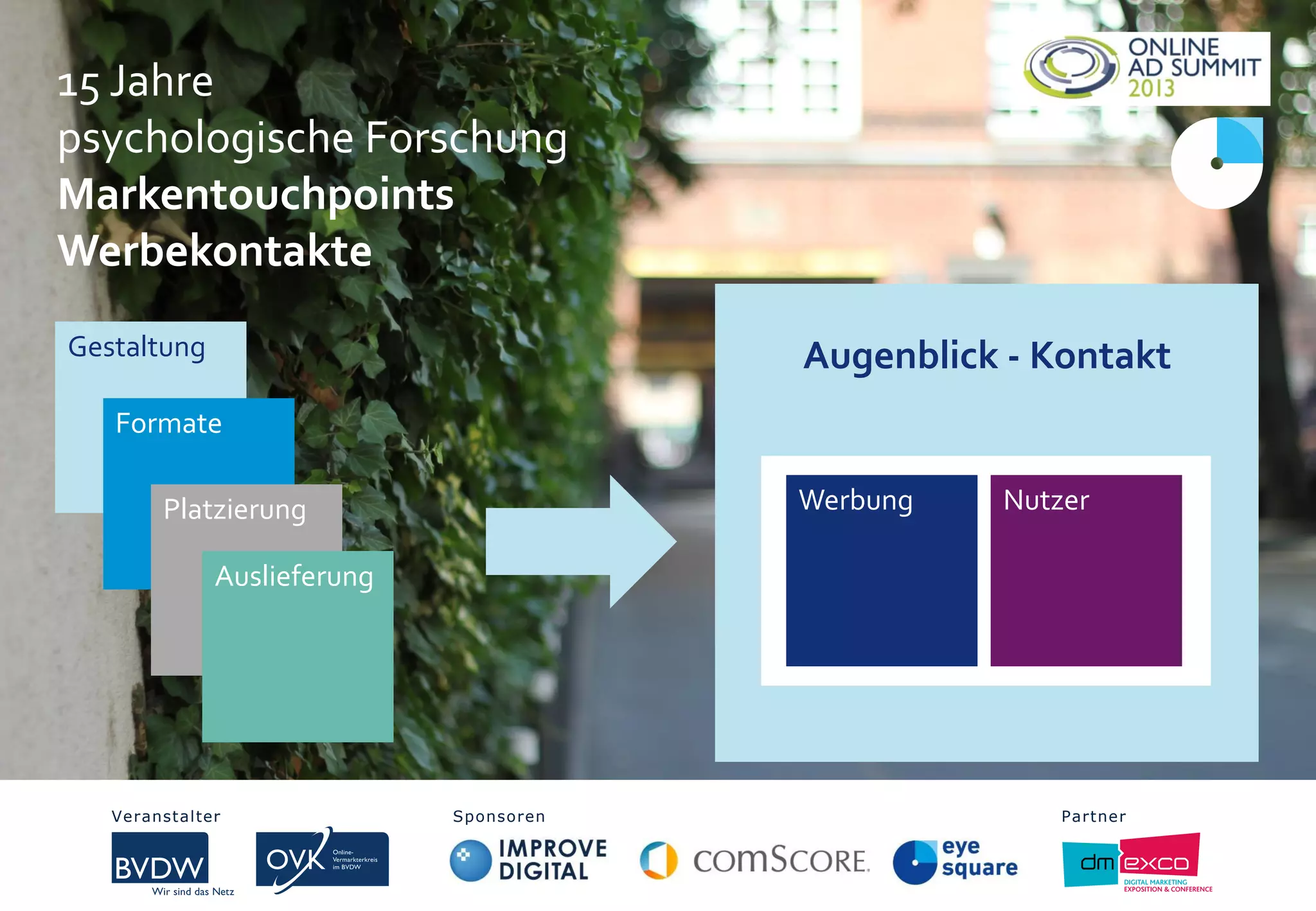 Gestaltung
Formate
Platzierung
Augenblick - Kontakt
Werbung Nutzer
Auslieferung
Veranstalter Sponsoren Partner
15 Jahre
psychologische Forschung
Markentouchpoints
Werbekontakte
Veranstalter Sponsoren Partner
 