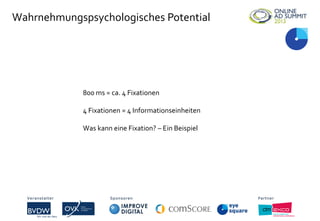 Wahrnehmungspsychologisches Potential
Veranstalter Sponsoren Partner
800 ms = ca. 4 Fixationen
4 Fixationen = 4 Informationseinheiten
Was kann eine Fixation? – Ein Beispiel
Veranstalter Sponsoren Partner
 