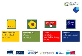 Sonnenblume
Wärme
ca. 200ms
Veranstalter Sponsoren Partner
Zinssätze
bei Interesse länger
200ms
Störer
Signalfarbe
zentrale Platzierung
200 ms
Marke Postbank
hoch überlernt
ca. 200ms
Veranstalter Sponsoren Partner
 