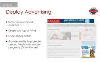  Increase your brand
awareness
 Keeps you top of mind
 Encourages action
 Provides ability to promote
around timeframes and/or
programs (Open House)
Display Advertising
Benefits
 