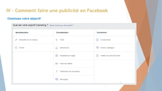 IV – Comment faire une publicité en Facebook
Choisissez votre objectif
11
 