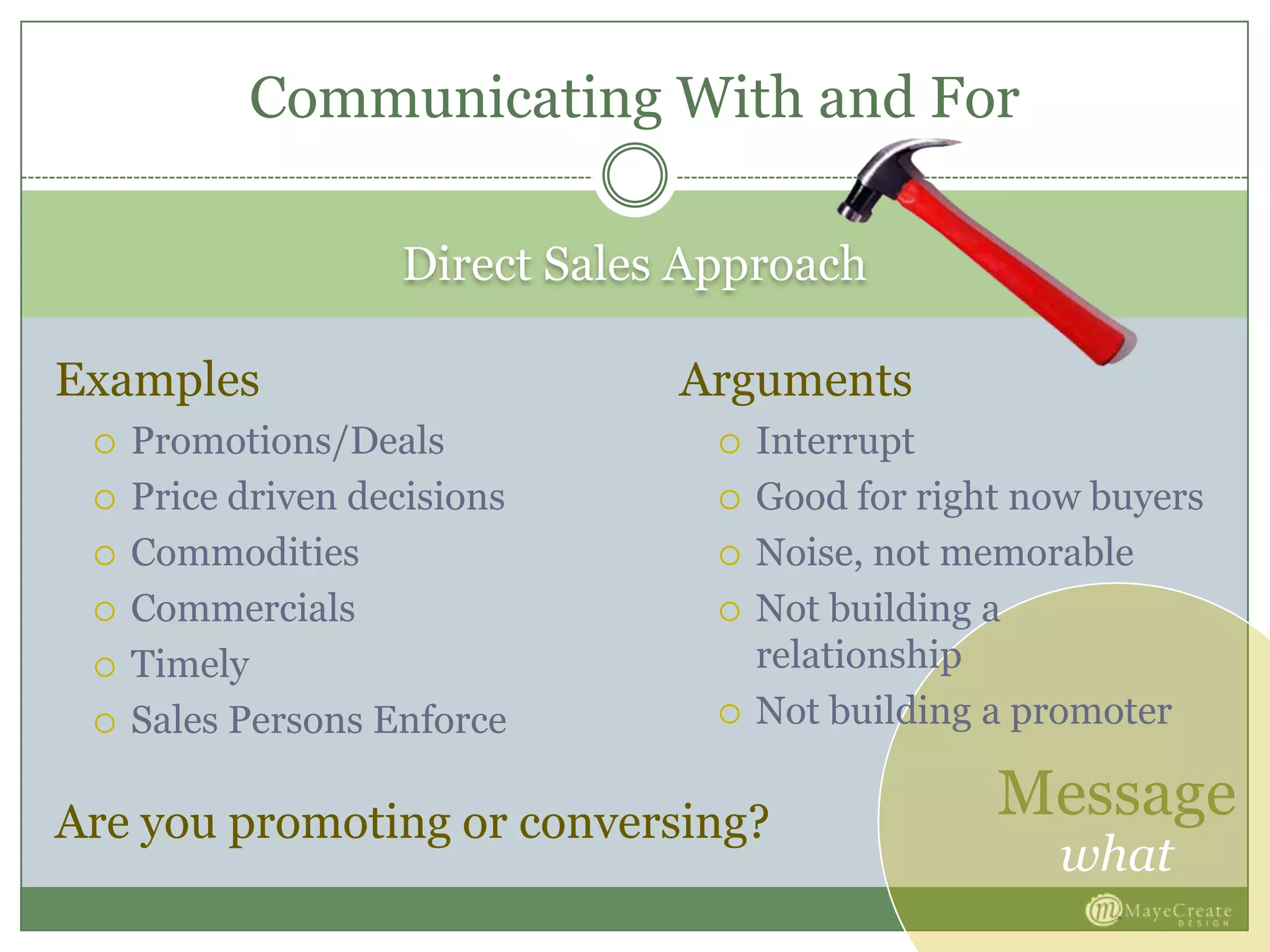 Message
what
Direct Sales Approach
Examples
 Promotions/Deals
 Price driven decisions
 Commodities
 Commercials
 Timely
 Sales Persons Enforce
Arguments
 Interrupt
 Good for right now buyers
 Noise, not memorable
 Not building a
relationship
 Not building a promoter
Communicating With and For
Are you promoting or conversing?
 