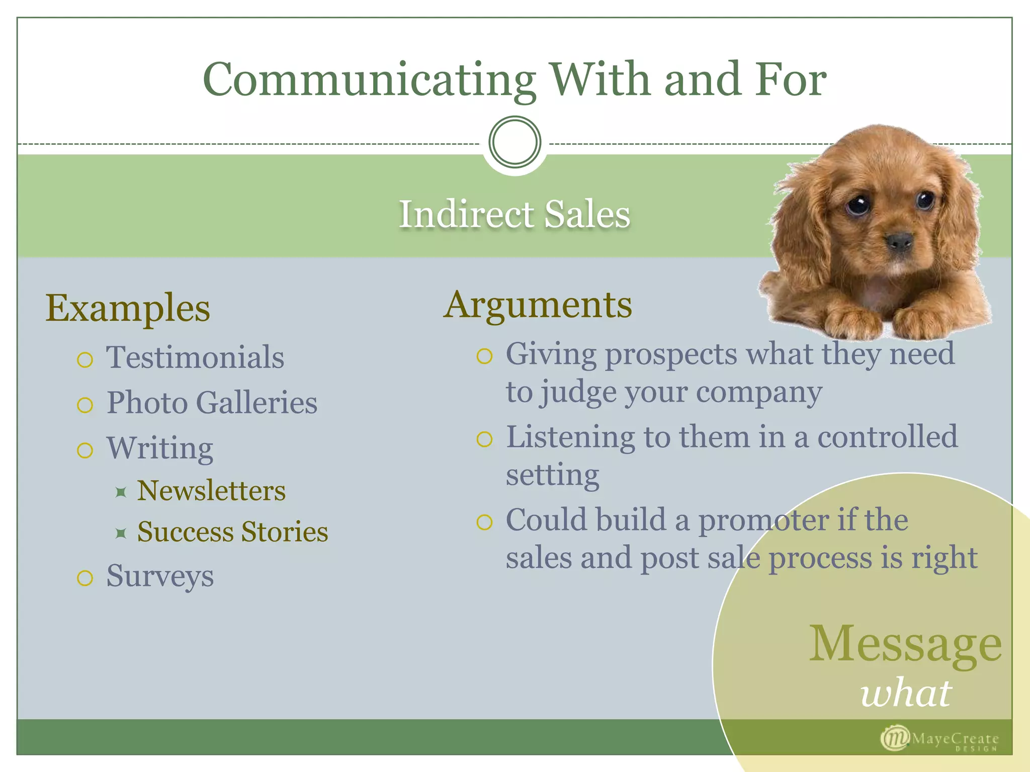 Message
what
Indirect Sales
Examples
 Testimonials
 Photo Galleries
 Writing
 Newsletters
 Success Stories
 Surveys
Arguments
 Giving prospects what they need
to judge your company
 Listening to them in a controlled
setting
 Could build a promoter if the
sales and post sale process is right
Communicating With and For
 