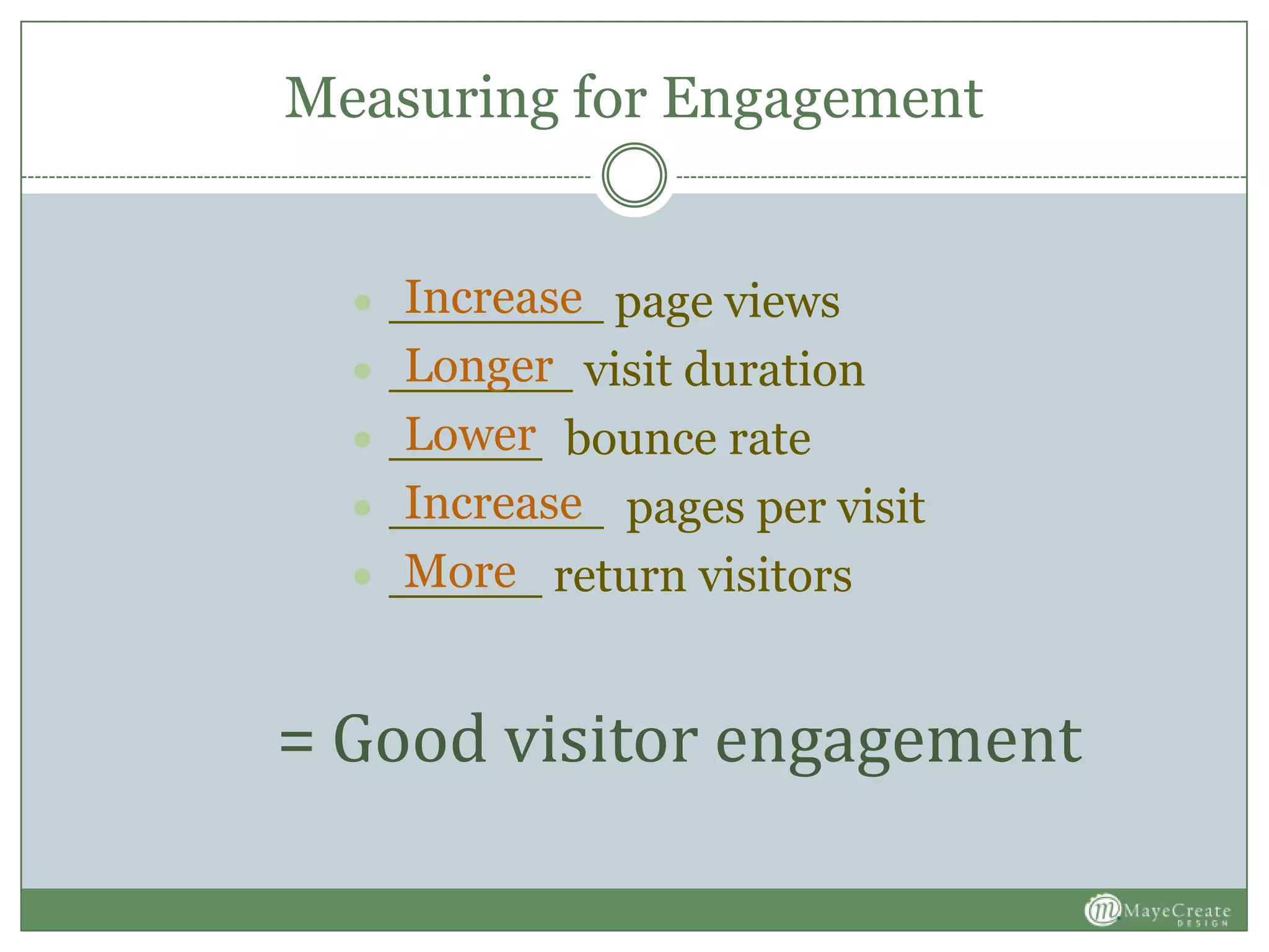  _______ page views
 ______ visit duration
 _____ bounce rate
 _______ pages per visit
 _____ return visitors
Increase
Longer
Lower
Increase
More
Measuring for Engagement
= Good visitor engagement
 