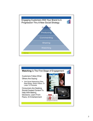 Engaging Customers With Your Brand Is A
Progression Thru A New Social Strategy




 Altimeter Group




Watching Is The First Stage of Engagement

Customers Follow What
Others Are Saying:
   Visit Social Networking Sites,
   Read Blogs, Watch Videos, Or
   Listen To Podcasts
Consumers Are Seeking
Social-Created Content To
Help With Making
Decisions, Learn From
Peers, Or Entertainment




                                            5
 