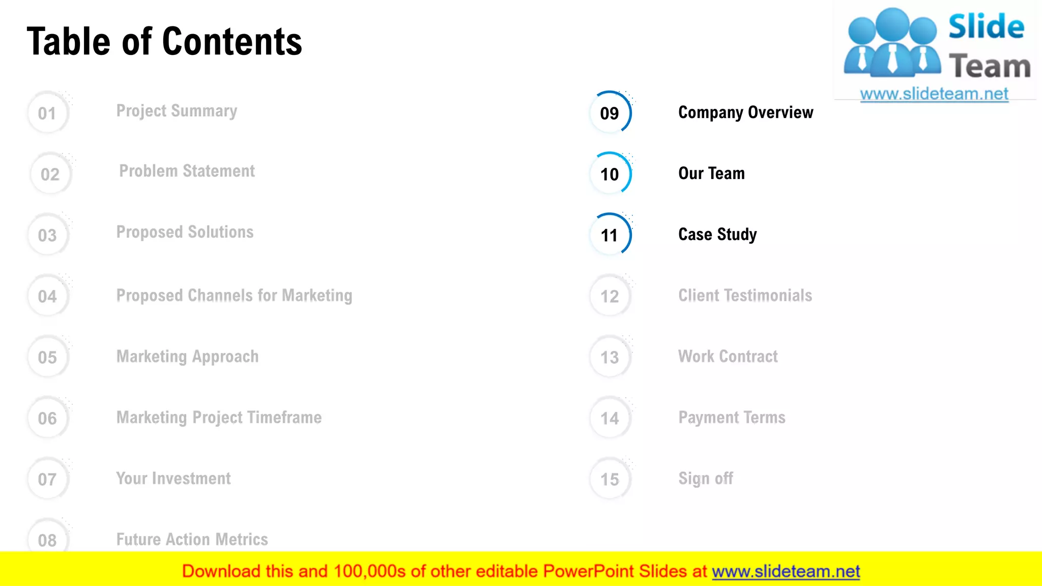 Table of Contents
08 Future Action Metrics
01 Project Summary
02 Problem Statement
03 Proposed Solutions
04 Proposed Channels for Marketing
05 Marketing Approach
06 Marketing Project Timeframe
07 Your Investment
11 Case Study
12 Client Testimonials
13 Work Contract
14 Payment Terms
15 Sign off
09 Company Overview
10 Our Team
This slide is 100% editable. Adapt it to your needs and capture your audience's attention. 17
 