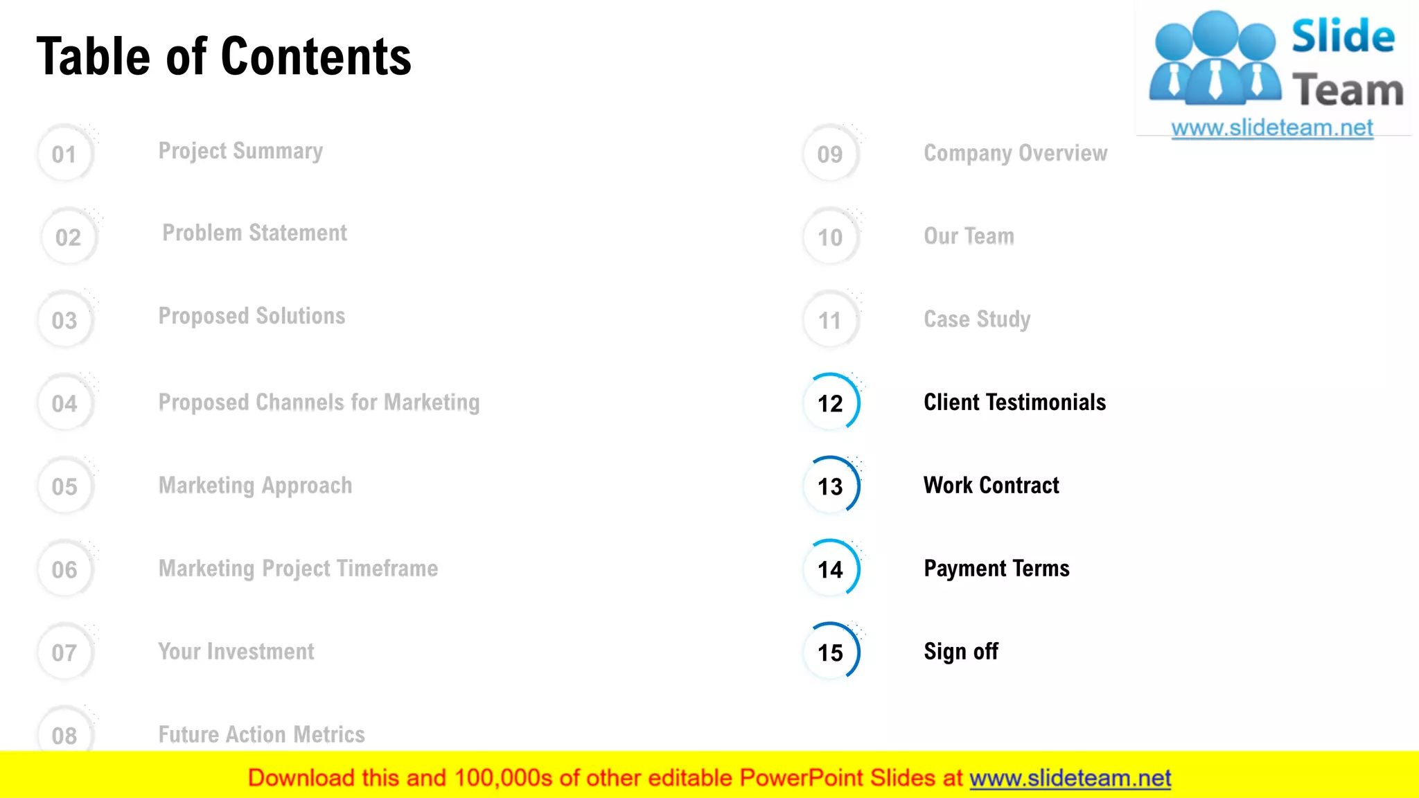 Table of Contents
08 Future Action Metrics
01 Project Summary
02 Problem Statement
03 Proposed Solutions
04 Proposed Channels for Marketing
05 Marketing Approach
06 Marketing Project Timeframe
07 Your Investment
09 Company Overview
10 Our Team
11 Case Study
12 Client Testimonials
13 Work Contract
14 Payment Terms
15 Sign off
This slide is 100% editable. Adapt it to your needs and capture your audience's attention. 22
 