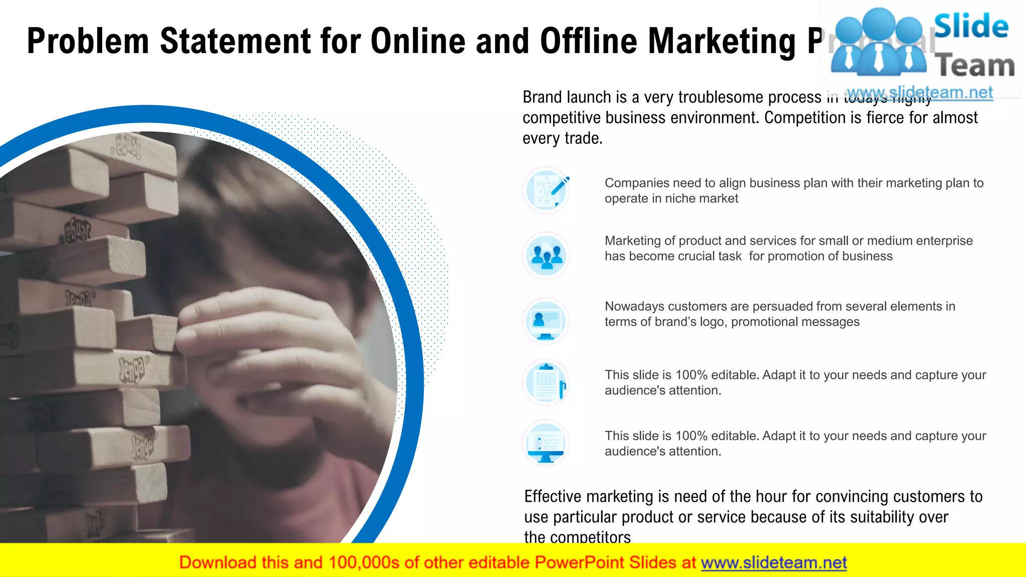 Problem Statement for Online and Offline Marketing Proposal
Brand launch is a very troublesome process in todays highly
competitive business environment. Competition is fierce for almost
every trade.
Effective marketing is need of the hour for convincing customers to
use particular product or service because of its suitability over
the competitors
Companies need to align business plan with their marketing plan to
operate in niche market
Marketing of product and services for small or medium enterprise
has become crucial task for promotion of business
Nowadays customers are persuaded from several elements in
terms of brand’s logo, promotional messages
This slide is 100% editable. Adapt it to your needs and capture your
audience's attention.
This slide is 100% editable. Adapt it to your needs and capture your
audience's attention.
6
 