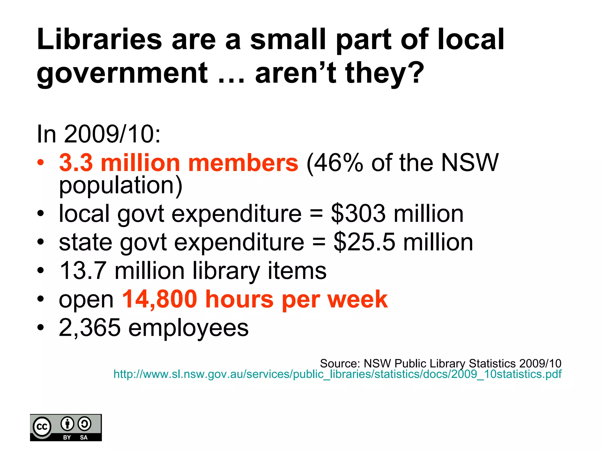 Libraries are a small part of local government … aren’t they? In 2009/10: 3.3 million members  (46% of the NSW population) local govt expenditure = $303 million  state govt expenditure = $25.5 million 13.7 million library items open  14,800 hours per week 2,365 employees Source: NSW Public Library Statistics 2009/10  http://www.sl.nsw.gov.au/services/public_libraries/statistics/docs/2009_10statistics.pdf   