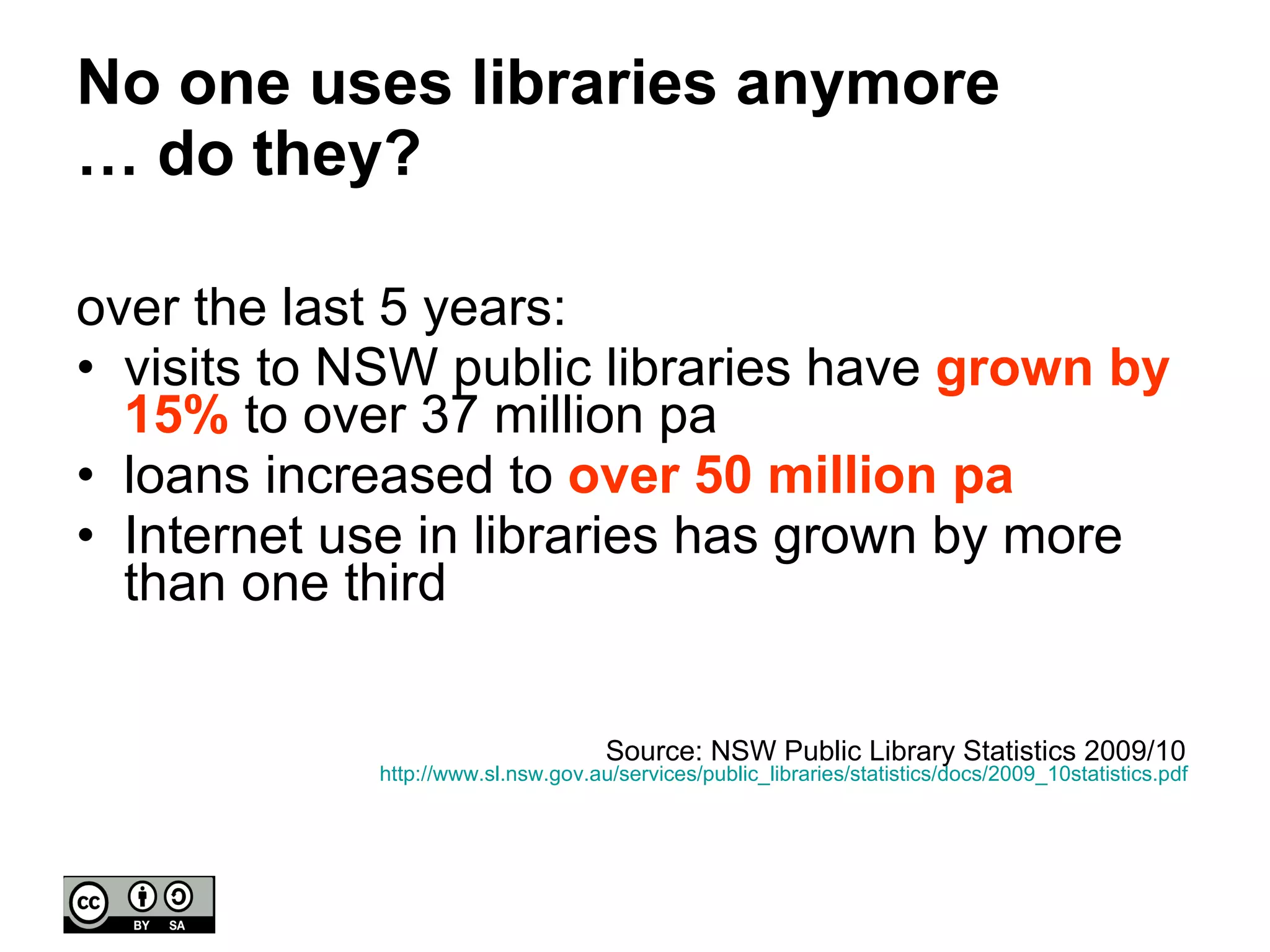 No one uses libraries anymore  … do they? over the last 5 years: visits to NSW public libraries have  grown by 15%  to over 37 million pa loans increased to  over 50 million pa Internet use in libraries has grown by more than one third Source: NSW Public Library Statistics 2009/10  http://www.sl.nsw.gov.au/services/public_libraries/statistics/docs/2009_10statistics.pdf   