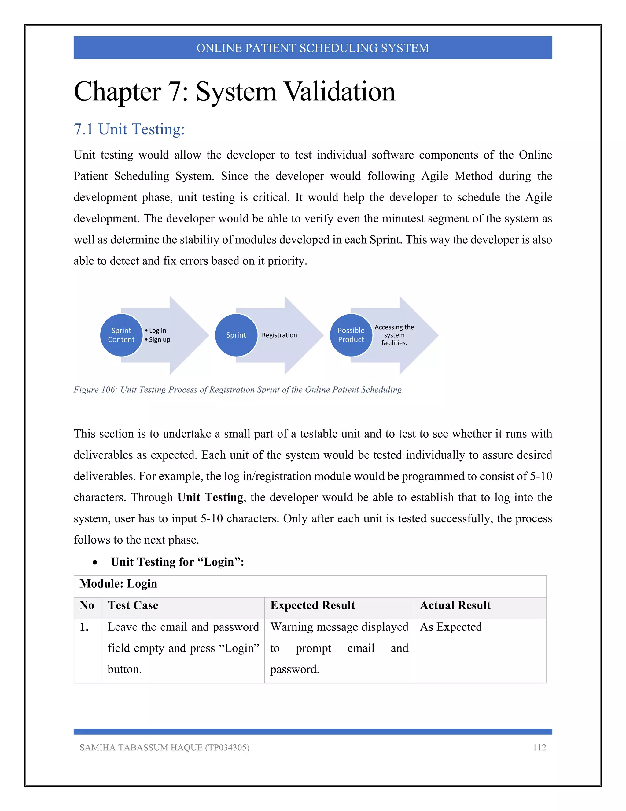 SAMIHA TABASSUM HAQUE (TP034305) 112
ONLINE PATIENT SCHEDULING SYSTEM
Chapter 7: System Validation
7.1 Unit Testing:
Unit testing would allow the developer to test individual software components of the Online
Patient Scheduling System. Since the developer would following Agile Method during the
development phase, unit testing is critical. It would help the developer to schedule the Agile
development. The developer would be able to verify even the minutest segment of the system as
well as determine the stability of modules developed in each Sprint. This way the developer is also
able to detect and fix errors based on it priority.
Figure 106: Unit Testing Process of Registration Sprint of the Online Patient Scheduling.
This section is to undertake a small part of a testable unit and to test to see whether it runs with
deliverables as expected. Each unit of the system would be tested individually to assure desired
deliverables. For example, the log in/registration module would be programmed to consist of 5-10
characters. Through Unit Testing, the developer would be able to establish that to log into the
system, user has to input 5-10 characters. Only after each unit is tested successfully, the process
follows to the next phase.
 Unit Testing for “Login”:
Module: Login
No Test Case Expected Result Actual Result
1. Leave the email and password
field empty and press “Login”
button.
Warning message displayed
to prompt email and
password.
As Expected
•Log in
•Sign up
Sprint 
Content
RegistrationSprint
Accessing the 
system 
facilities.
Possible 
Product
 