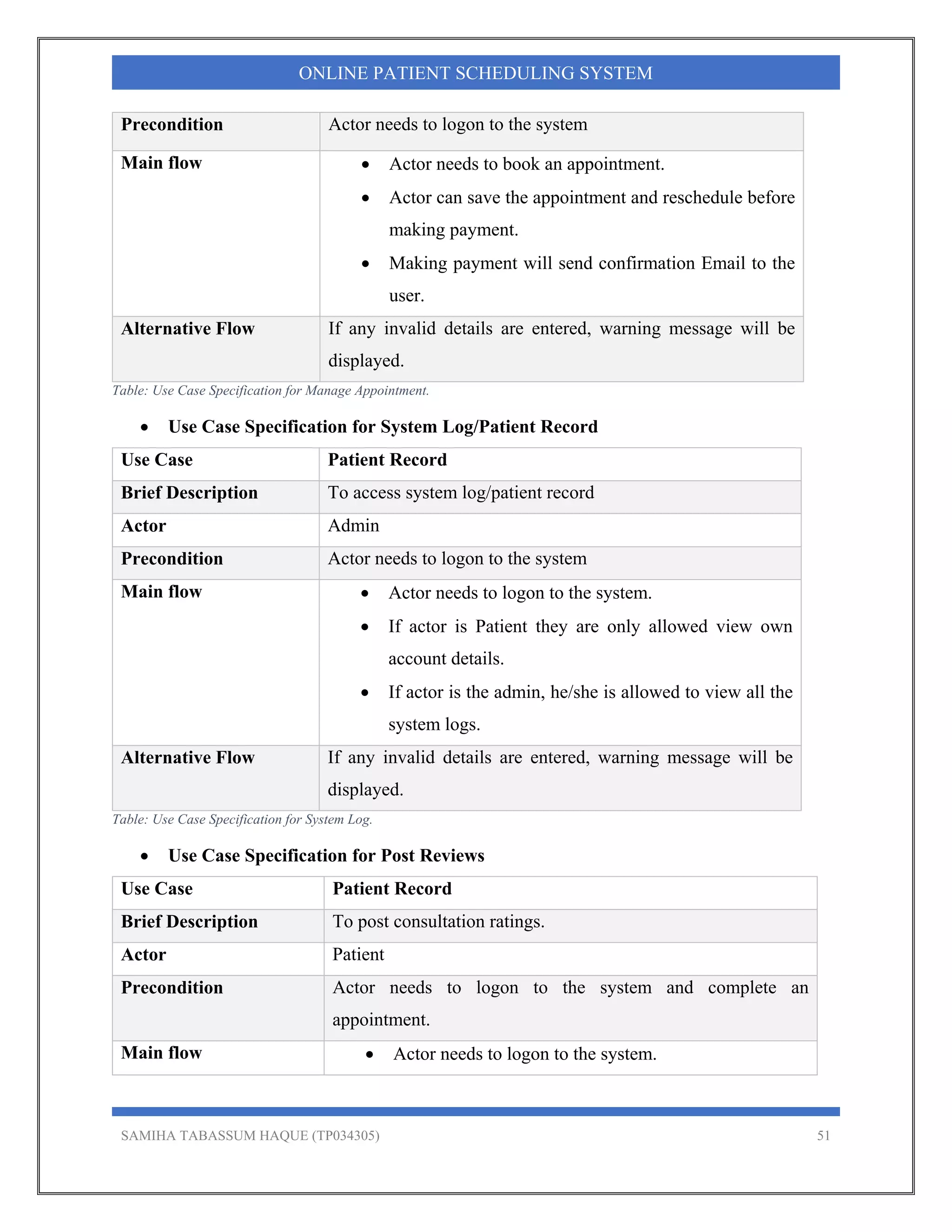 SAMIHA TABASSUM HAQUE (TP034305) 51
ONLINE PATIENT SCHEDULING SYSTEM
Precondition Actor needs to logon to the system
Main flow  Actor needs to book an appointment.
 Actor can save the appointment and reschedule before
making payment.
 Making payment will send confirmation Email to the
user.
Alternative Flow If any invalid details are entered, warning message will be
displayed.
Table: Use Case Specification for Manage Appointment.
 Use Case Specification for System Log/Patient Record
Use Case Patient Record
Brief Description To access system log/patient record
Actor Admin
Precondition Actor needs to logon to the system
Main flow  Actor needs to logon to the system.
 If actor is Patient they are only allowed view own
account details.
 If actor is the admin, he/she is allowed to view all the
system logs.
Alternative Flow If any invalid details are entered, warning message will be
displayed.
Table: Use Case Specification for System Log.
 Use Case Specification for Post Reviews
Use Case Patient Record
Brief Description To post consultation ratings.
Actor Patient
Precondition Actor needs to logon to the system and complete an
appointment.
Main flow  Actor needs to logon to the system.
 