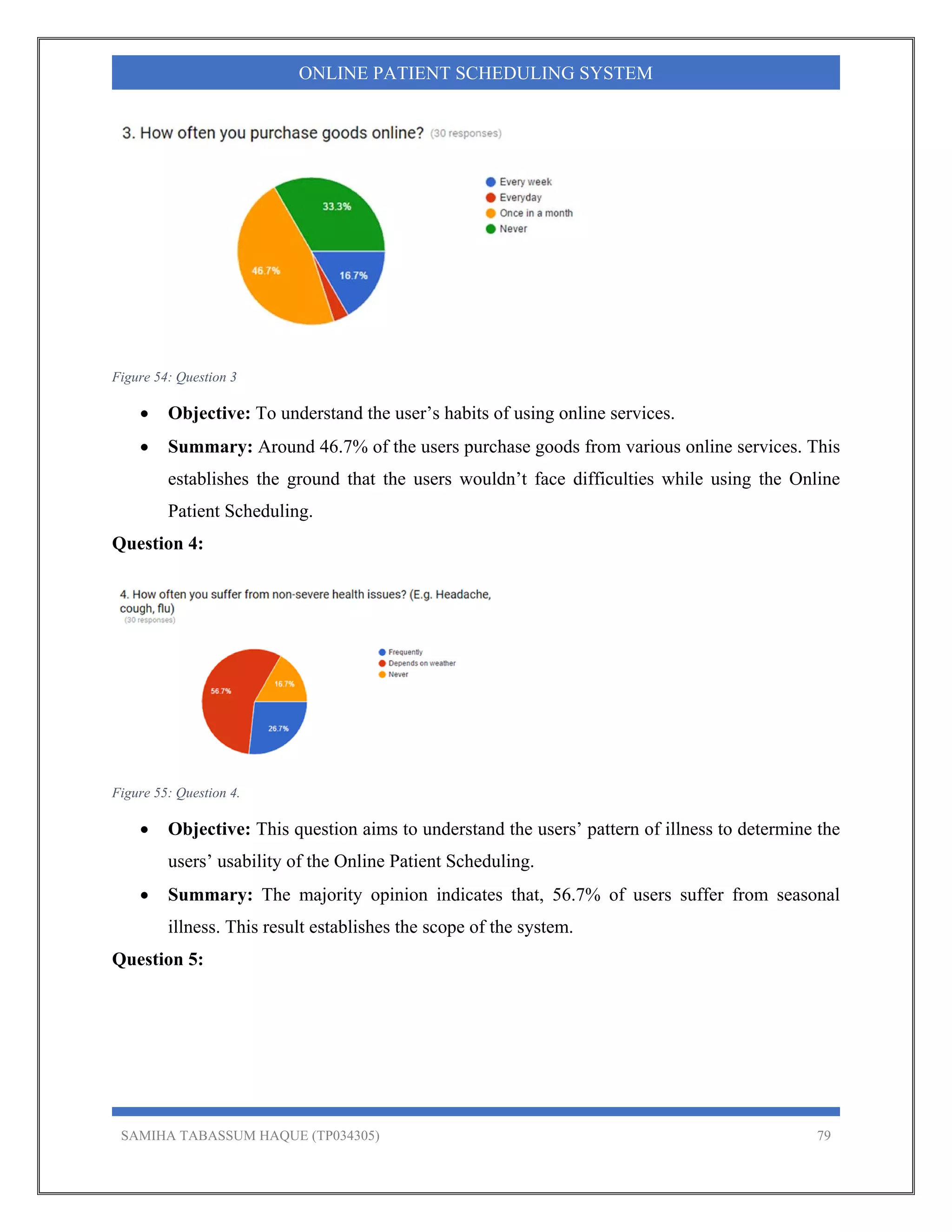 SAMIHA TABASSUM HAQUE (TP034305) 79
ONLINE PATIENT SCHEDULING SYSTEM
Figure 54: Question 3
 Objective: To understand the user’s habits of using online services.
 Summary: Around 46.7% of the users purchase goods from various online services. This
establishes the ground that the users wouldn’t face difficulties while using the Online
Patient Scheduling.
Question 4:
Figure 55: Question 4.
 Objective: This question aims to understand the users’ pattern of illness to determine the
users’ usability of the Online Patient Scheduling.
 Summary: The majority opinion indicates that, 56.7% of users suffer from seasonal
illness. This result establishes the scope of the system.
Question 5:
 