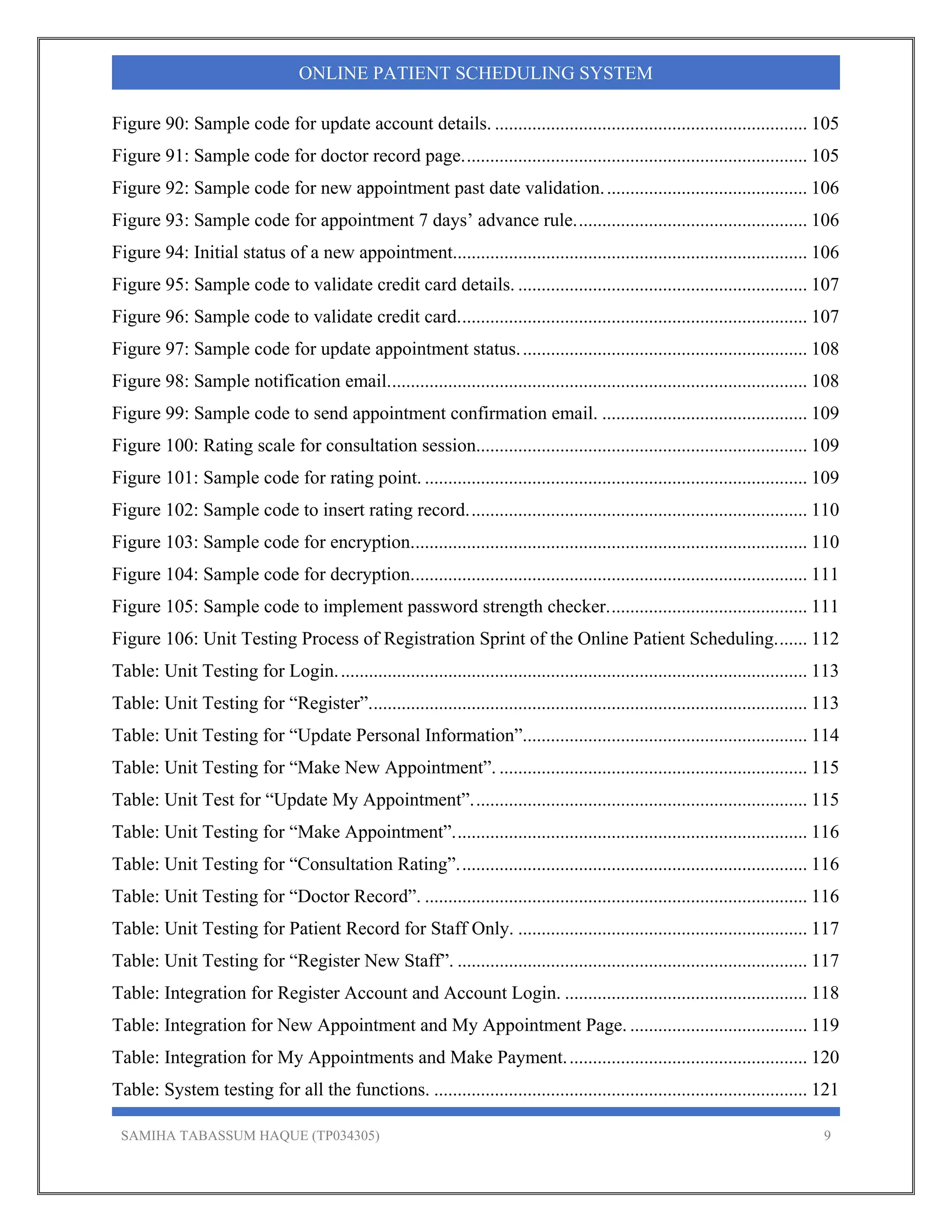 SAMIHA TABASSUM HAQUE (TP034305) 9
ONLINE PATIENT SCHEDULING SYSTEM
Figure 90: Sample code for update account details. ................................................................... 105 
Figure 91: Sample code for doctor record page.......................................................................... 105 
Figure 92: Sample code for new appointment past date validation............................................ 106 
Figure 93: Sample code for appointment 7 days’ advance rule.................................................. 106 
Figure 94: Initial status of a new appointment............................................................................ 106 
Figure 95: Sample code to validate credit card details. .............................................................. 107 
Figure 96: Sample code to validate credit card........................................................................... 107 
Figure 97: Sample code for update appointment status.............................................................. 108 
Figure 98: Sample notification email.......................................................................................... 108 
Figure 99: Sample code to send appointment confirmation email. ............................................ 109 
Figure 100: Rating scale for consultation session....................................................................... 109 
Figure 101: Sample code for rating point. .................................................................................. 109 
Figure 102: Sample code to insert rating record......................................................................... 110 
Figure 103: Sample code for encryption..................................................................................... 110 
Figure 104: Sample code for decryption..................................................................................... 111 
Figure 105: Sample code to implement password strength checker........................................... 111 
Figure 106: Unit Testing Process of Registration Sprint of the Online Patient Scheduling....... 112 
Table: Unit Testing for Login..................................................................................................... 113 
Table: Unit Testing for “Register”.............................................................................................. 113 
Table: Unit Testing for “Update Personal Information”............................................................. 114 
Table: Unit Testing for “Make New Appointment”. .................................................................. 115 
Table: Unit Test for “Update My Appointment”........................................................................ 115 
Table: Unit Testing for “Make Appointment”............................................................................ 116 
Table: Unit Testing for “Consultation Rating”........................................................................... 116 
Table: Unit Testing for “Doctor Record”. .................................................................................. 116 
Table: Unit Testing for Patient Record for Staff Only. .............................................................. 117 
Table: Unit Testing for “Register New Staff”. ........................................................................... 117 
Table: Integration for Register Account and Account Login. .................................................... 118 
Table: Integration for New Appointment and My Appointment Page. ...................................... 119 
Table: Integration for My Appointments and Make Payment.................................................... 120 
Table: System testing for all the functions. ................................................................................ 121 
 