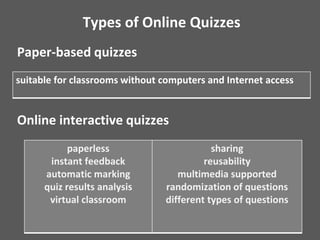 Types of Online Quizzes
Paper-based quizzes
Online interactive quizzes
paperless
instant feedback
automatic marking
quiz results analysis
virtual classroom
sharing
reusability
multimedia supported
randomization of questions
different types of questions
suitable for classrooms without computers and Internet access
 