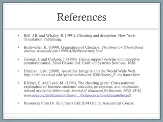 References
•  Bell, J.B. and Whaley, B. (1991). Cheating and deception. New York:
Translation Publishing.
•  Bushweller, K. (1999). Generation of Cheaters. The American School Board
Journal. www.asbj.com/199904/0499coverstory.html
•  George, J. and Carlson, J. (1999). Group support systems and deceptive
commuinication. 32nd Hawaii Intl. Conf. on Systems Sciences, 1038.
•  Hinman, L.M. (2000). Academic Integrity and the World Wide Web.
http://ethics.acusd.edu/presentations/cai2000/index_fi les/frame.htm
•  Kleiner, C. and Lord, M. (1999). The cheating game: Cross-national
exploration of business students’ attitudes, perceptions, and tendencies
toward academic dishonesty. Journal of Education for Business. 74(4), 38-42.
•  www.adea.org/publications/library/.../bestpracticesforteachingonline.pdf
•  Resources from Dr. Kinuthia’s Fall 2014 Online Assessment Course
 