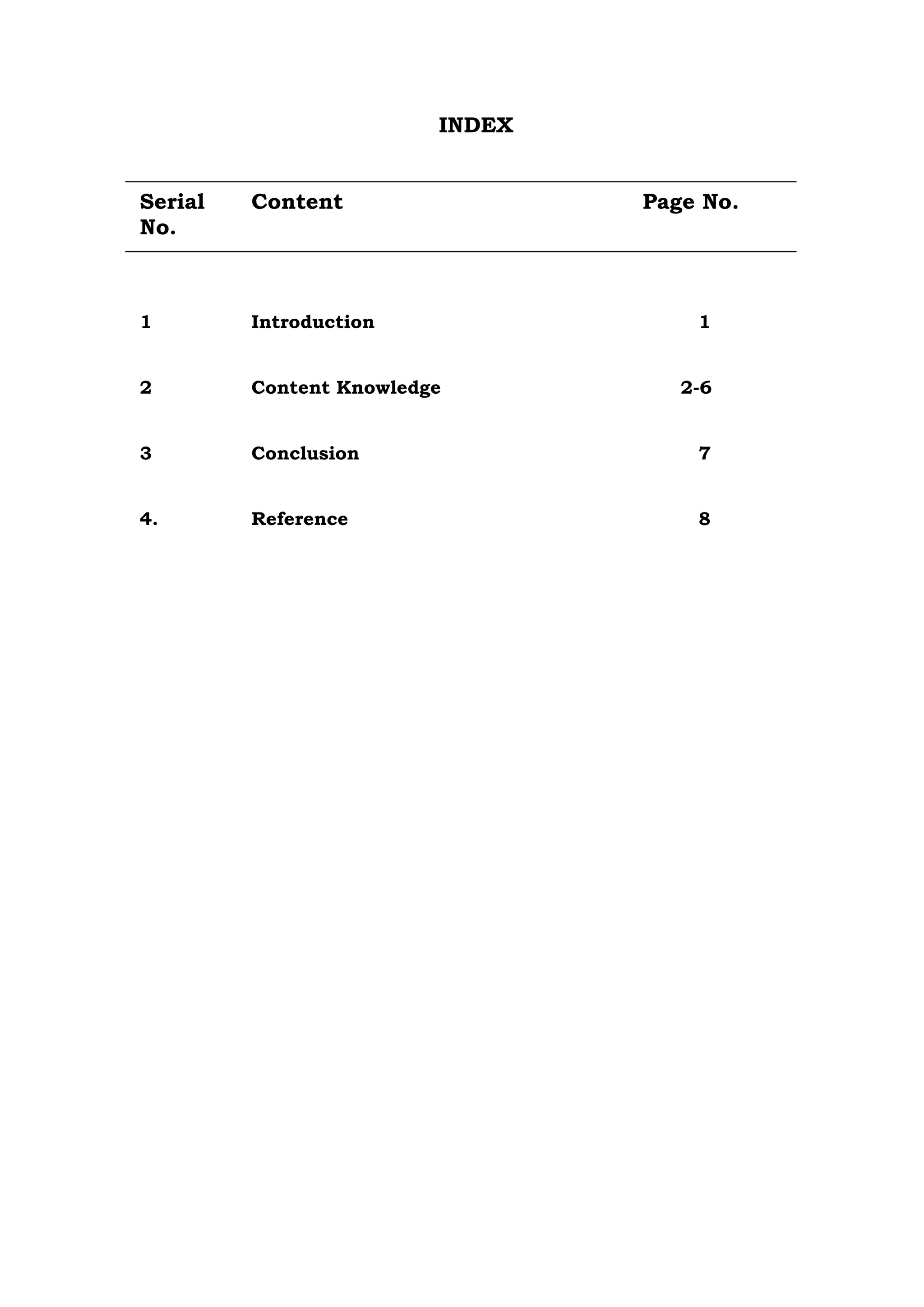 INDEX 
Serial Content Page No. 
No. 
1 Introduction 1 
2 Content Knowledge 2-6 
3 Conclusion 7 
4. Reference 8 
 