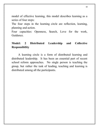 10
model of effective learning, this model describes learning as a
series of four steps:
The four steps in the learning circle are reflection, learning,
planning and action.
Four capacities: Openness, Search, Love for the work,
Guidance.
Model: 2 Distributed Leadership and Collective
Responsibility
A learning circle is a form of distributed learning and
distributed leadership. It has been an essential part of recent
school reform approaches. No single person is teaching the
group, but rather the task of leading, teaching and learning is
distributed among all the participants.
 