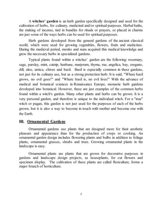7
A witches' garden is an herb garden specifically designed and used for the
cultivation of herbs, for culinary, medicinal and/or spiritual purposes. Herbal baths,
the making of incense, tied in bundles for rituals or prayers, or placed in charms
are just some of the ways herbs can be used for spiritual purposes.
Herb gardens developed from the general gardens of the ancient classical
world, which were used for growing vegetables, flowers, fruits and medicines.
During the medieval period, monks and nuns acquired this medical knowledge and
grew the necessary herbs in specialized gardens.
Typical plants found within a witches’ garden are the following: rosemary,
sage, parsley, mint, catnip, henbane, marjoram, thyme, rue, angelica, bay, oregano,
dill, aloe, arnica, chives and basil. Basil is especially common in these gardens,
not just for its culinary use, but as a strong protection herb. It is said, "Where basil
grows, no evil goes!" and "Where basil is, no evil lives!" With the advance of
medical and botanical sciences in Renaissance Europe, monastic herb gardens
developed into botanical. However, these are just examples of the common herbs
found within a witch's garden. Many other plants and herbs can be grown. It is a
very personal garden, and therefore is unique to the individual witch. For a "true"
witch or pagan, this garden is not just used for the purposes of each of the herbs
grown, but it is also a way to become in touch with mother and become one with
the Earth.
III. Ornamental Gardens
Ornamental gardens use plants that are designed more for their aesthetic
pleasure and appearance than for the production of crops or cooking. An
ornamental garden design includes flowering plants and bulbs in addition to foliage
plants, ornamental grasses, shrubs and trees. Growing ornamental plants in the
landscape is easy.
Ornamental plants are plants that are grown for decorative purposes in
gardens and landscape design projects, as houseplants, for cut flowers and
specimen display. The cultivation of these plants are called floriculture, forms a
major branch of horticulture.
 
